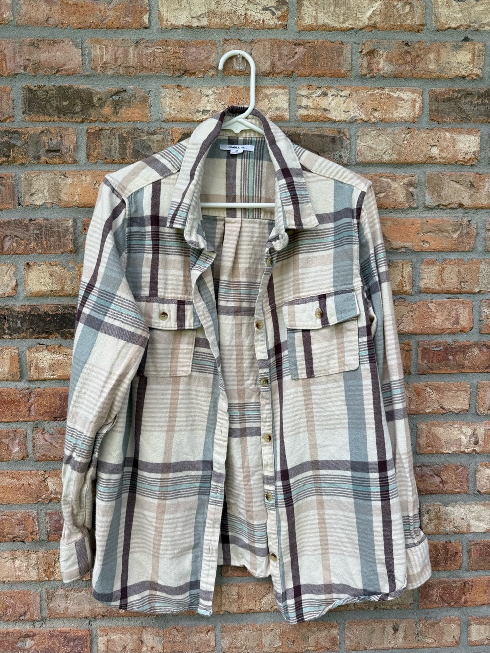 O'Neill Cream, Brown and Blue Plaid Long-Sleeve Shacket